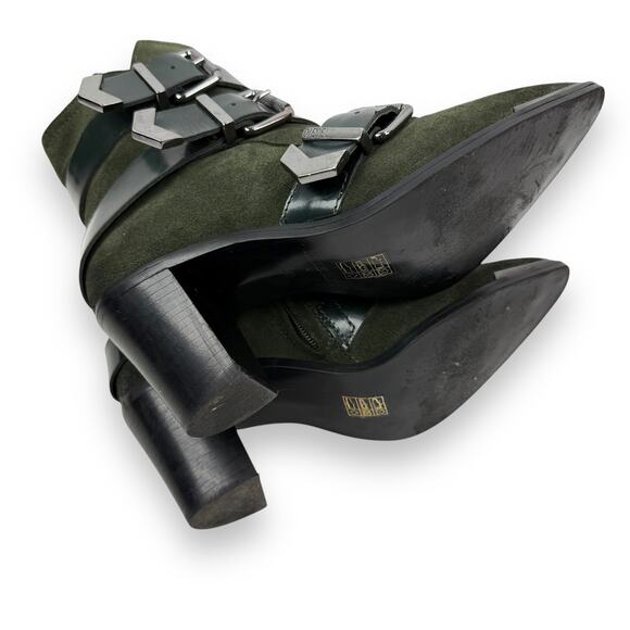 DIESEL green suede strapped buckle heeled pointed toe boots - Picture 11 of 16